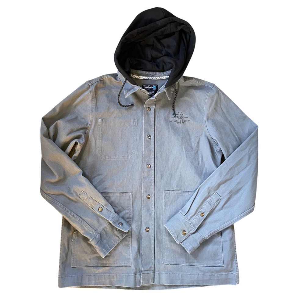 Tony Hawk Hooded Chore Jacket Snap Front Gray Work Shirt Medium Skater Indie 90s